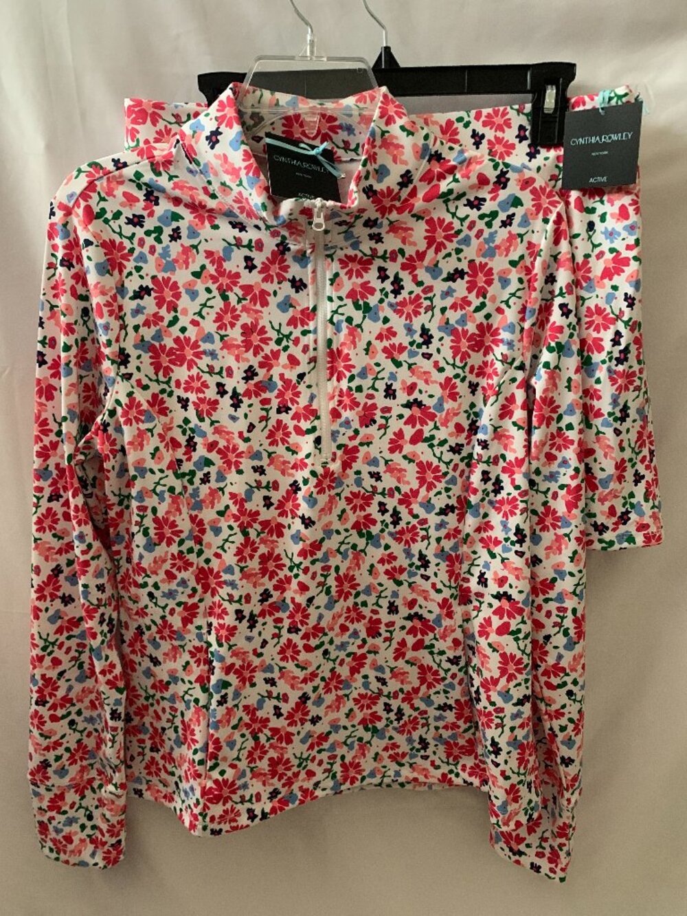 CYNTHIA ROWLEY ACTIVE Floral Quarter Zip Top & Skort Set in White Multi Sz LARGE